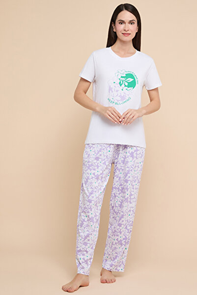 R&B Women's White Printed Pyjama Set