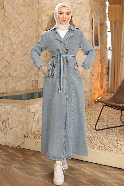 İmajButik Blue Kravuze Collared Buttoned Trench Coat