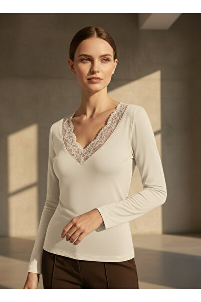 ÖRKCÜ Lace Detailed V-Neck Long Sleeve Women's Blouse Basic Stylish Body