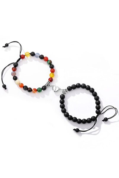 EFAYN.RO Couple bracelet set with magnetic heart, semi-precious, black and co...