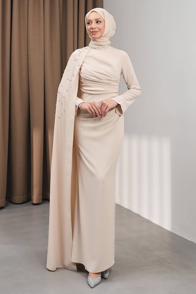 İmajButik Rochie de seară bej cu pelerină brodată cu piatră