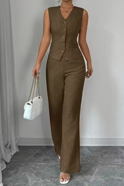 Viyamo Yeni Sezon Kadın Askılı Önden Düğmeli Bluz ve Pantolon Keten İkili Bay...