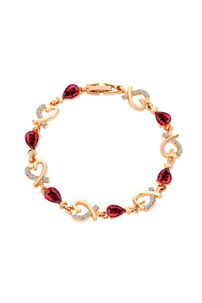 EFAYN.RO Women's bracelet, gold, fixed size, hearts and red crystals, EFAYN