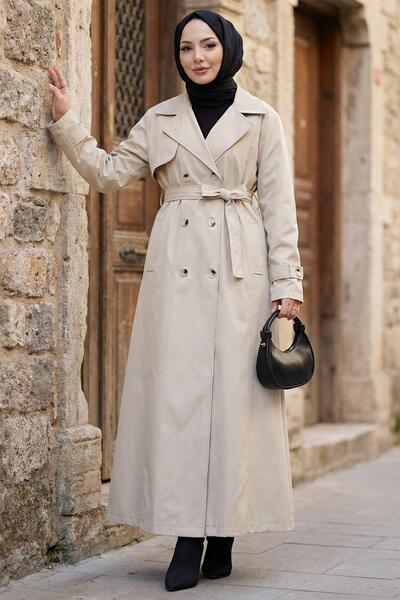 hafsamina Belted Buttoned Full-Length Trench Coat Stone Color Hm2891