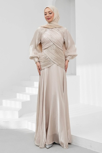 İmajButik Stone-Fronted Draped Balloon Sleeve Sparkling Evening Dress