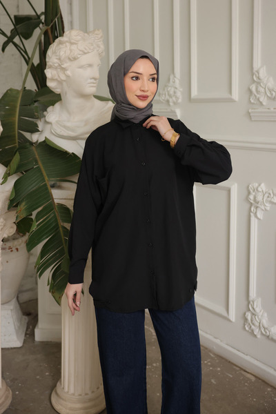 İmajButik Black Single Pocketed Tunic Shirt with Elastic Skirt