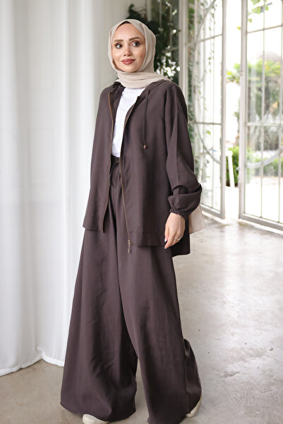 İmajButik Brown Hooded Wide-Leg Jacket and Pants Set