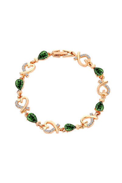 EFAYN.RO Women's bracelet, gold, fixed size, hearts and green crystals, EFAYN