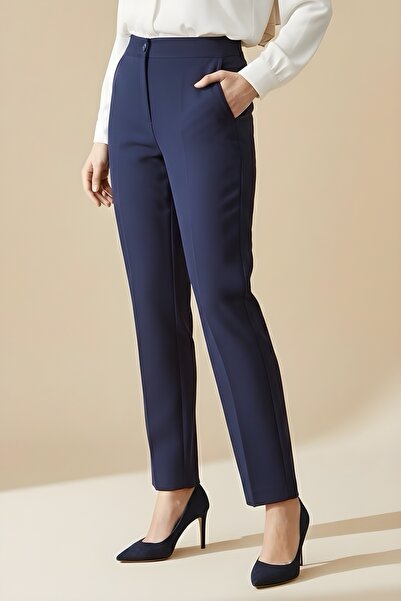 İmajButik Navy Blue Pocketed Elastic Waist Pencil Trousers