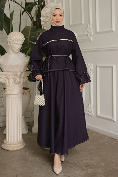 İmajButik Plum-Colored Denim Suit with Pearl Detailing on the Front and Tie-U...