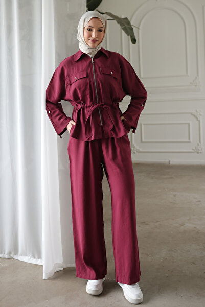 İmajButik Burgundy Bel Tie-Detail Jacket and Trousers Set