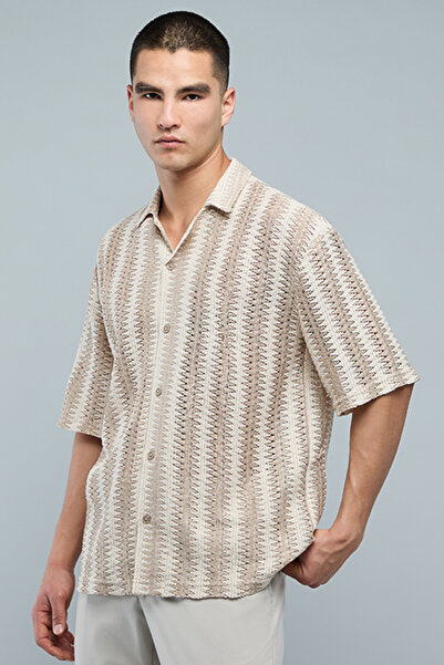 R&B Patterned Shirt with Revere Collar and Short Sleeves