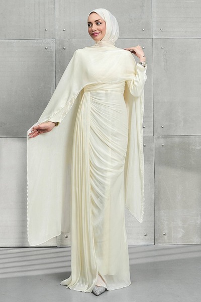 İmajButik Krem İnci Pelerinli Önü Büzgülü Abiye