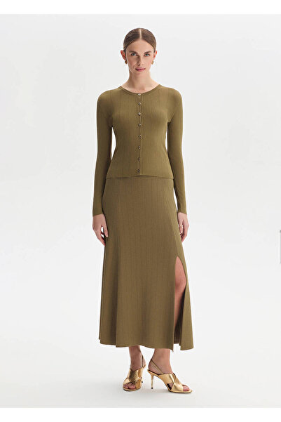 Knitss Slit Detailed Khaki Knit Skirt