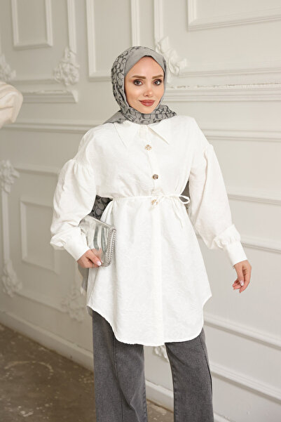 İmajButik Ecru Self-Threaded Patterned Thread Detailed Shirt