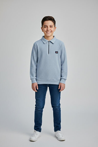 Pafim Boy's Polo Collar Zippered Sweatshirt, Petek Patterned Sweatshirt, Ages...