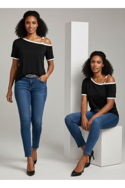 JANES Bluză cu mânecă scurtă pentru femei, cu bretele pe un singur umăr detal...