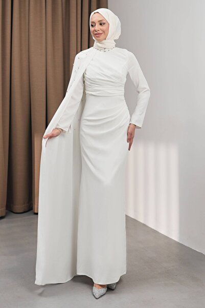 İmajButik Ecru Stone Embroidered Cape Evening Dress