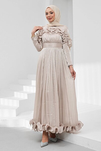 İmajButik Rochie de seară strălucitoare cu guler din piatră și volane la tivu...