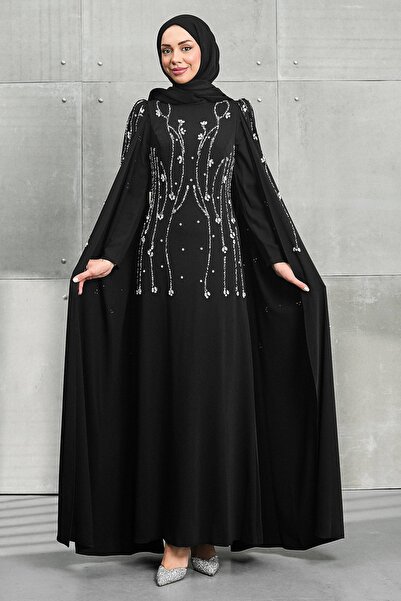İmajButik Black Evening Dress with Cape Sleeves and Stones