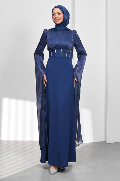 İmajButik Navy Blue Sleeve Detail Fish Model Stone Evening Dress