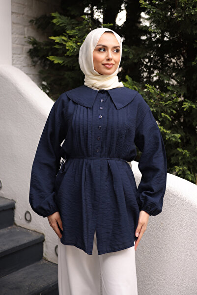 İmajButik Cămașă bleumarin guler tip Peter Pan Bel cu detaliu cu șnur