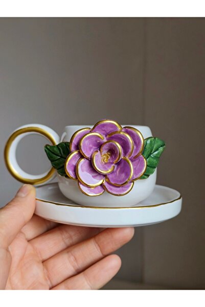 KOTYORA Purple Single Rose Gift Handmade Ceramic Turkish Coffee Cup