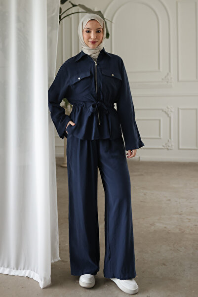 İmajButik Navy Blue Bel Tie-Detail Jacket and Pants Set