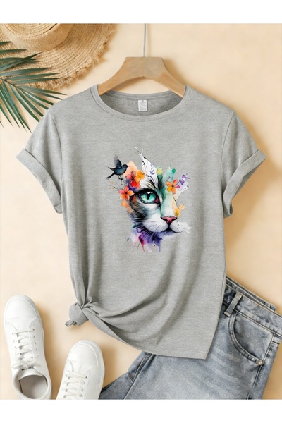 mercoledi Women's Cat Flower Butterfly Printed Crew Neck Regular Fit Oversize...