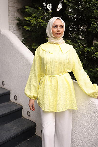 İmajButik Yellow Peter Pan collar Waist Tie-Detail Shirt