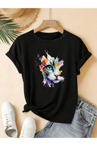 mercoledi Flower Butterfly pisică pentru femei cu imprimeu guler rotund Regul...