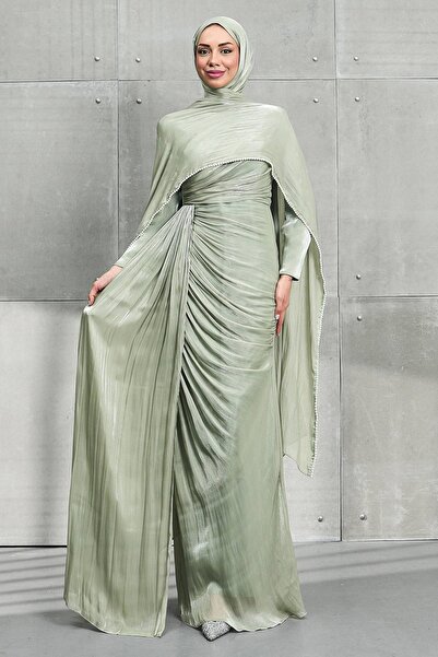 İmajButik Mint Green Pearl Cape Front B Ruched Evening Dress