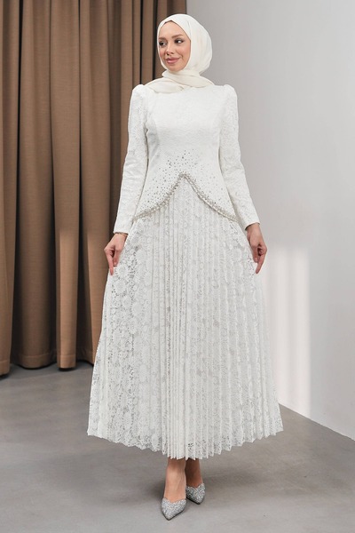 İmajButik Ecru Guipure Lace Pleated Design Evening Dress