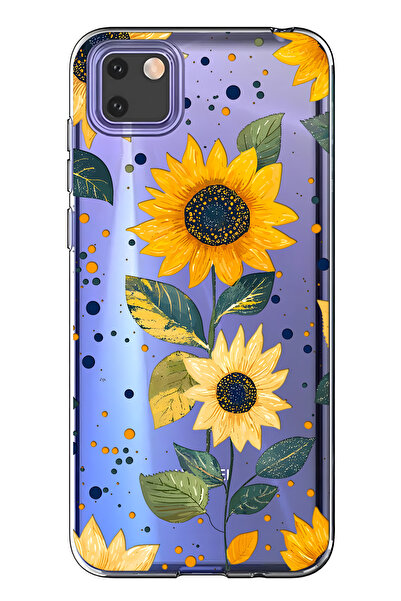 FLAMENKO حافظة هاتف شفافة متوافقة مع هاتف هواوي Y5P من نوع Ayçiçeği منقوش منقوش