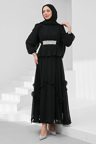 İmajButik Black Pleated Chiffon Evening Dress with Stones on the Waist