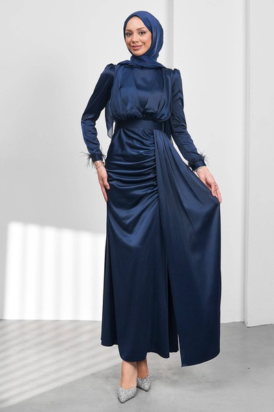 İmajButik Rochie de seară din satin, model pește, albastru marin, cu drapaj î...