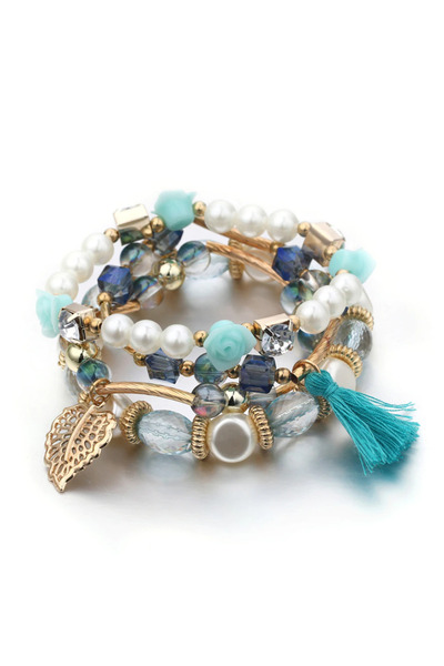 EFAYN.RO Set of 4 women's bracelets, bohemian, beads, roses, leaf, resin, gol...