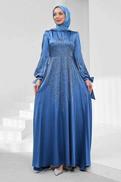 İmajButik Indigo Kol B Tie-Detail Stoned Satin Evening Dress