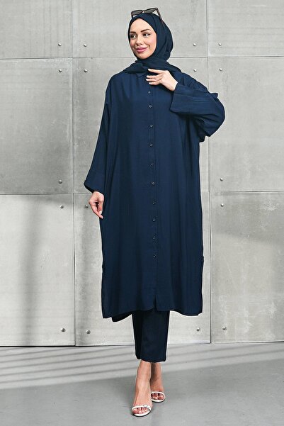 İmajButik Navy Blue Tunic with Slit Buttons on the Side