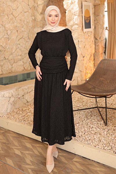 İmajButik Black Guipure Lace Dress with Waist Detail