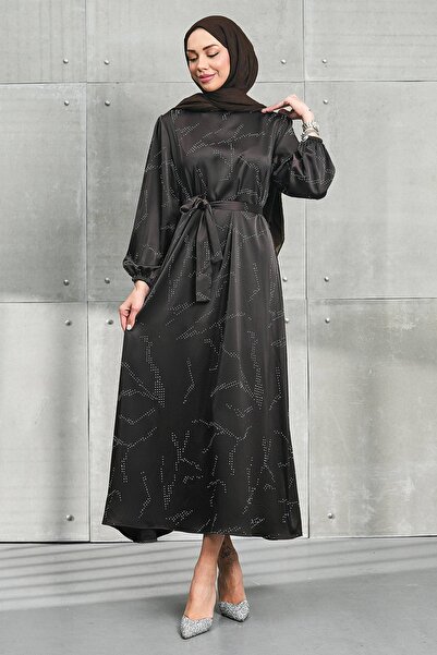 İmajButik Brown Stone Belted Satin Dress