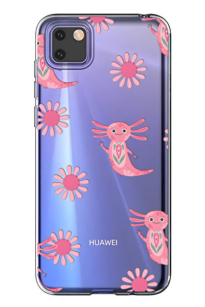 FLAMENKO حافظة هاتف شفافة متوافقة مع هاتف هواوي Y5P باللون الوردي Aksolotl منقوش