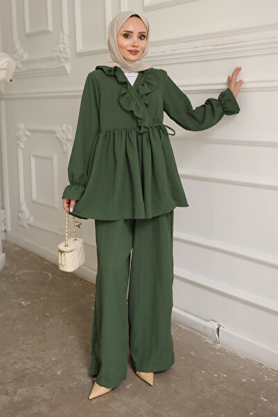 İmajButik Green Collared Ruffled Tunic Pants Set