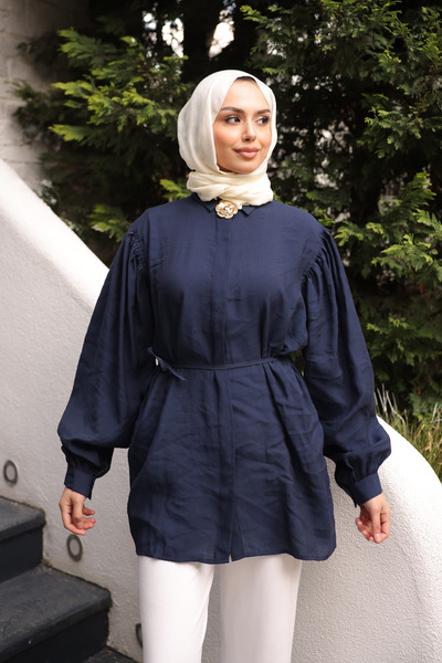 İmajButik Navy Blue Tunic with Tie-Detail Brooches Modal