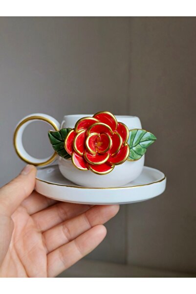 KOTYORA Red Single Rose Gift Handmade Ceramic Turkish Coffee Cup
