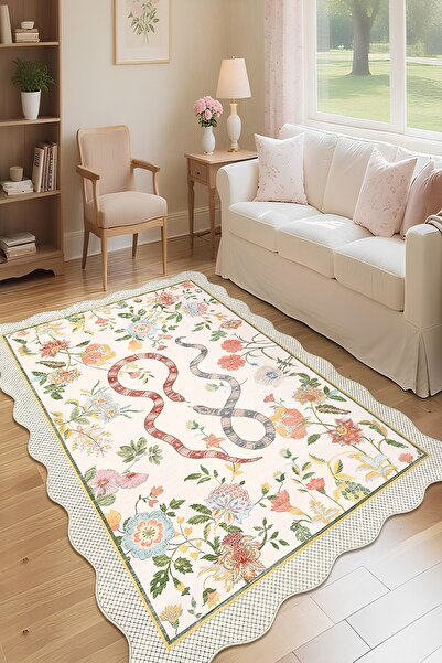 Dally Home Dijital Kaymaz Yıkanabilir Asimetrik Çiçekli Salon Halısı Mutfak H...