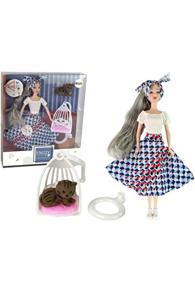 LeanToys Papusa Emily cu parul gri si pisicuta cu leagan