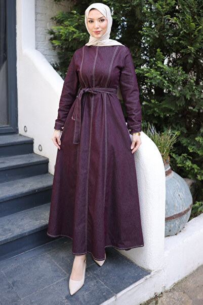 İmajButik فستان من قماش الدنيم بحزام وياقة دائرية من ماركة Mürdüm