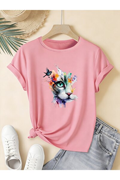 mercoledi Women's Cat Flower Butterfly Printed Crew Neck Regular Fit Oversize...