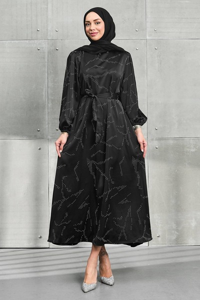 İmajButik Black Stoned Belted Satin Dress